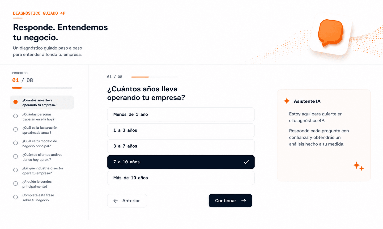 Vista del diagnóstico guiado con progreso, pregunta, alternativas y asistente de inteligencia artificial